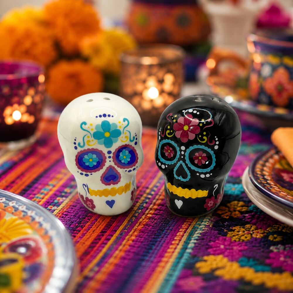 Day of the Dead Sugar Skull Ceramic Salt and Pepper Shakers Set New with Box